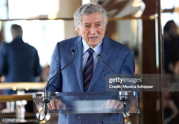 Singer Tony Bennett speaks on stage at the Ella Fitzgerald's 100th Birthday Celebration & Ella Fitzgerald Day Proclamation at The Rainbow Room on...