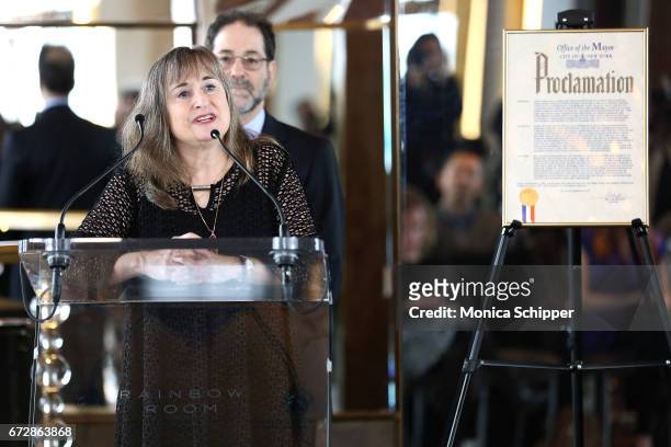 Executive Director of the Ella Fitzgerald Charitable Foundation Fran Morris-Rosman speaks on stage at the Ella Fitzgerald's 100th Birthday...