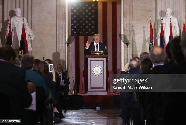 President Donald Trump speaks during the U.S. Holocaust Memorial Museum's "Days of Remembrance" ceremony at the U.S. Capitol building, on April 25,...