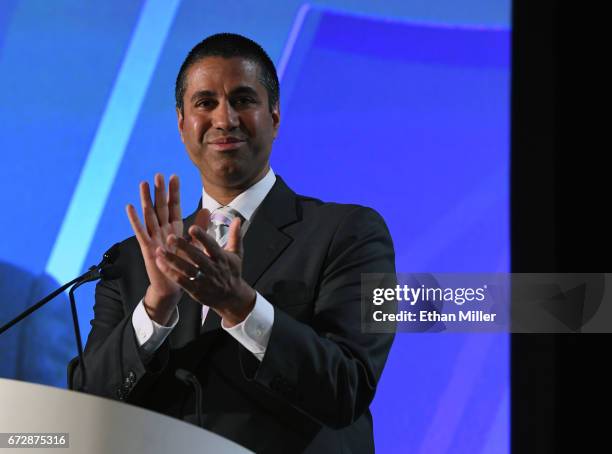 Federal Communications Commission Chairman Ajit Pai speaks during the 2017 NAB Show at the Las Vegas Convention Center on April 25, 2017 in Las...