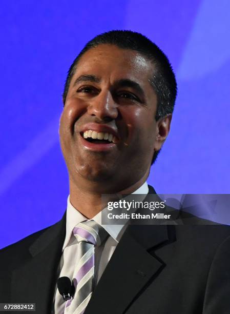 Federal Communications Commission Chairman Ajit Pai speaks during the 2017 NAB Show at the Las Vegas Convention Center on April 25, 2017 in Las...