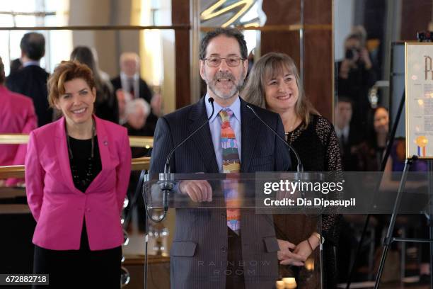 Julie Menin and Fran Morris-Rosman look on as Richard Rosman of the Ella Fitzgerald Charitable Foundation speaks onstage during Ella Fitzgerald's...