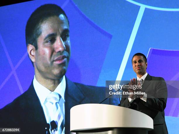 Federal Communications Commission Chairman Ajit Pai speaks during the 2017 NAB Show at the Las Vegas Convention Center on April 25, 2017 in Las...