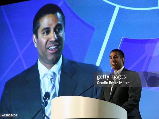 Federal Communications Commission Chairman Ajit Pai speaks during the 2017 NAB Show at the Las Vegas Convention Center on April 25, 2017 in Las...