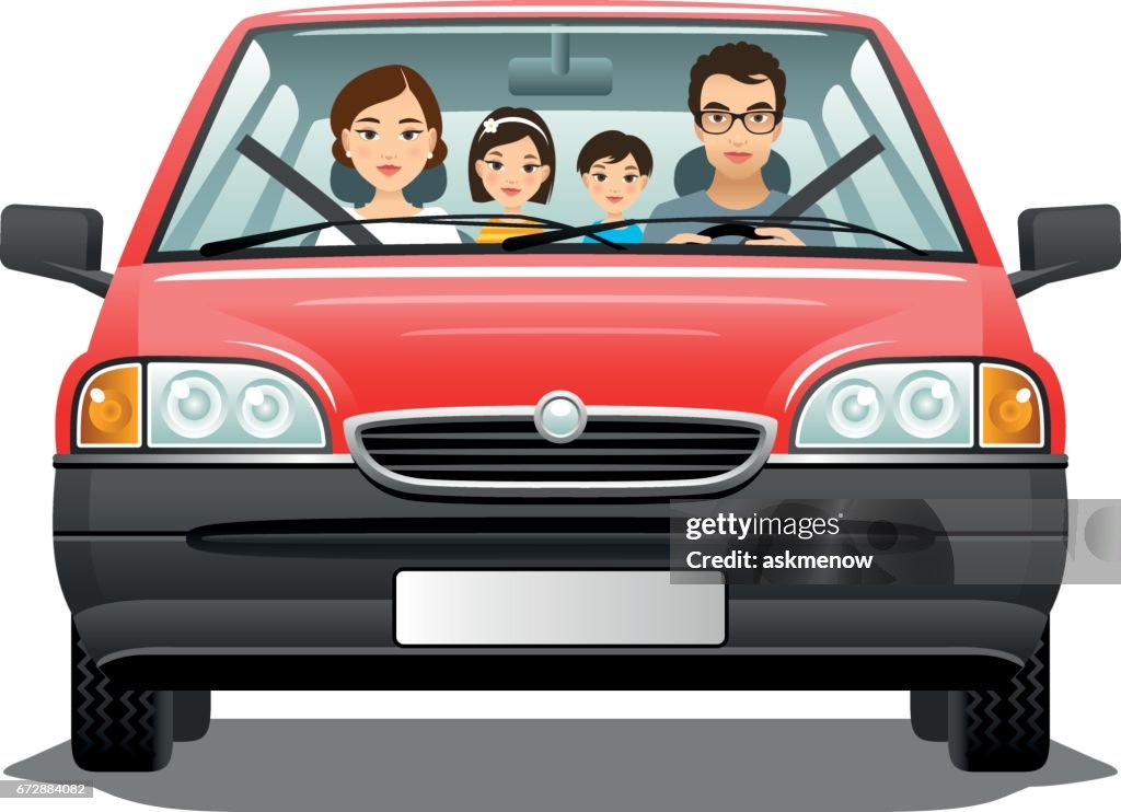 Family in a car on a white background