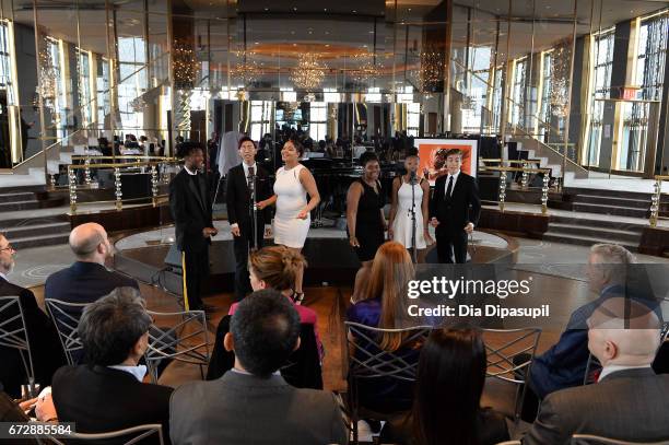 Tony Bennett looks on as students from Frank Sinatra School of the Arts perform onstage during Ella Fitzgerald's 100th Birthday Celebration & Ella...