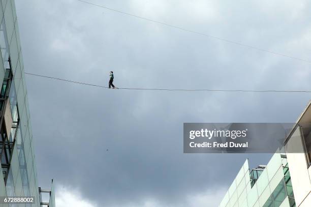 The Flying Frenchies, stars of "The Free Man" rehearse their highline walk stunt at BBC Broadcasting House on April 25, 2017 in London, England.