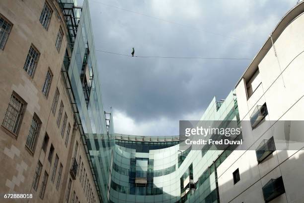 The Flying Frenchies, stars of "The Free Man" rehearse their highline walk stunt at BBC Broadcasting House on April 25, 2017 in London, England.