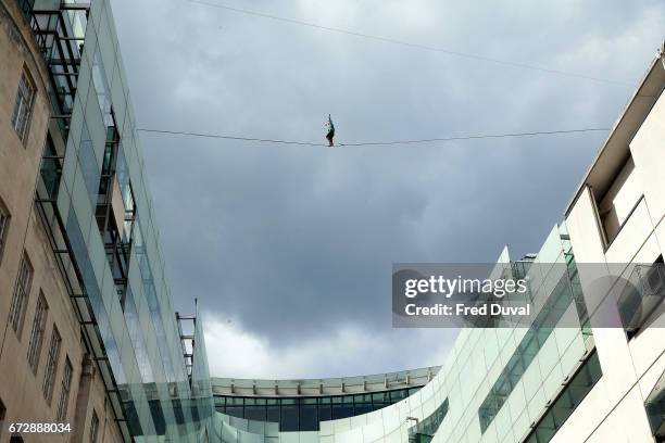 The Flying Frenchies, stars of "The Free Man" rehearse their highline walk stunt at BBC Broadcasting House on April 25, 2017 in London, England.