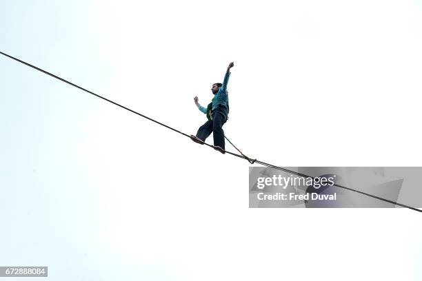 The Flying Frenchies, stars of "The Free Man" rehearse their highline walk stunt at BBC Broadcasting House on April 25, 2017 in London, England.