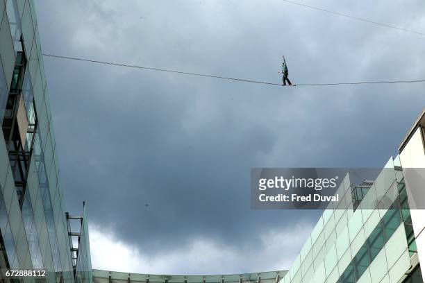 The Flying Frenchies, stars of "The Free Man" rehearse their highline walk stunt at BBC Broadcasting House on April 25, 2017 in London, England.