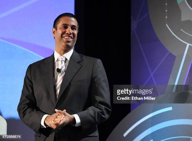 Federal Communications Commission Chairman Ajit Pai speaks during the 2017 NAB Show at the Las Vegas Convention Center on April 25, 2017 in Las...