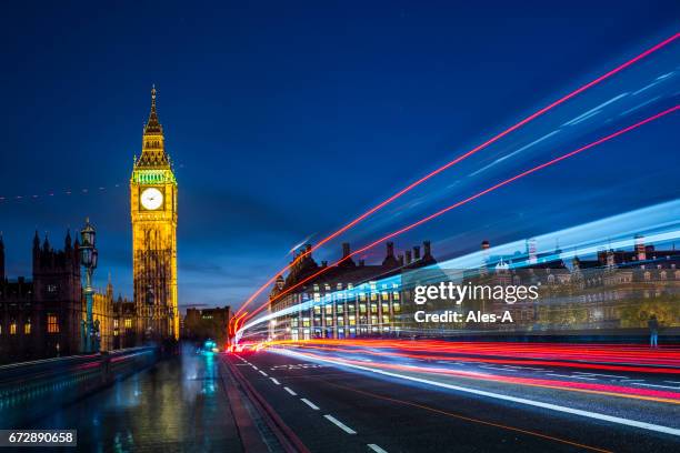 big ben at night with car light trails - london night stock pictures, royalty-free photos & images