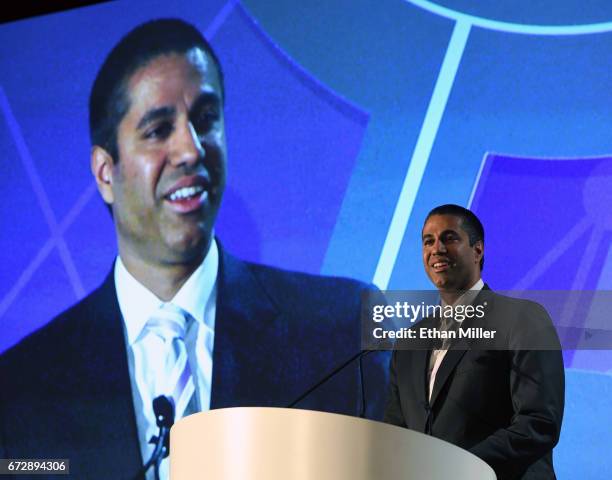 Federal Communications Commission Chairman Ajit Pai speaks during the 2017 NAB Show at the Las Vegas Convention Center on April 25, 2017 in Las...