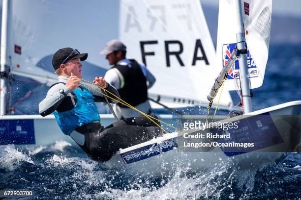 Elliot Hanson from the British Sailing Team sails his Laser during the ISAF Sailing World Cup Hyeres on April 25, 2017 in Hyeres, France.