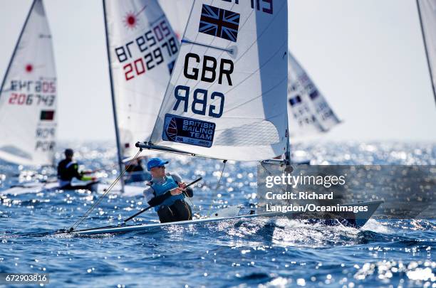 Nick Thompson from the British Sailing Team sails his Laser during the ISAF Sailing World Cup Hyeres on April 25, 2017 in Hyeres, France.