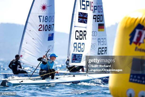 Nick Thompson from the British Sailing Team sails his Laser during the ISAF Sailing World Cup Hyeres on April 25, 2017 in Hyeres, France.