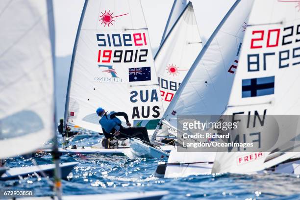 Nick Thompson from the British Sailing Team sails his Laser during the ISAF Sailing World Cup Hyeres on April 25, 2017 in Hyeres, France.
