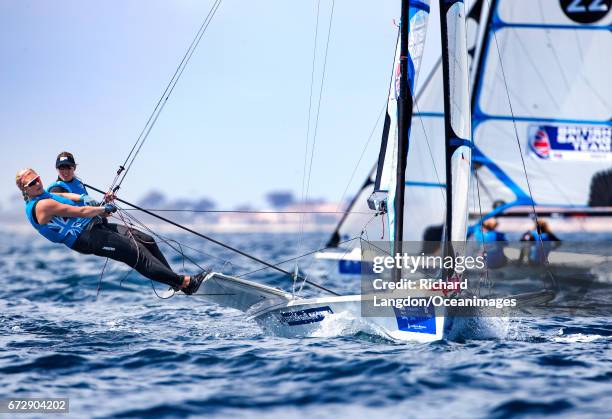 Charlotte Dobson and Saskia Tidey from the British Sailing Team sail their 49er FX during the ISAF Sailing World Cup Hyeres on April 25, 2017 in...