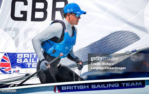 Jack Wetherell from the British Sailing Team sails his Laser during the ISAF Sailing World Cup Hyeres on April 25, 2017 in Hyeres, France.