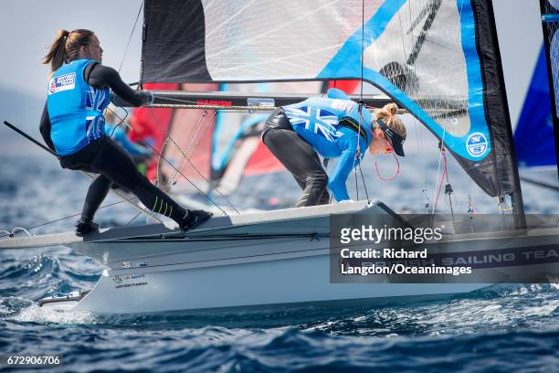 Kate Macgregor and Sophie Ainsworth from the British Sailing Team sail their 49er FX during the ISAF Sailing World Cup Hyeres on April 25, 2017 in...