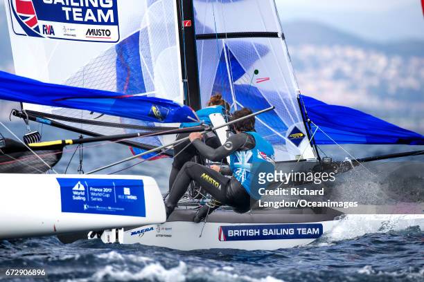 Tom Phipps and Nikki Boniface from the British Sailing Team sail their Nacra 17 during the ISAF Sailing World Cup Hyeres on April 25, 2017 in Hyeres,...