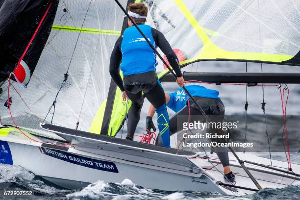 Jack Hawkins and Chris Thomas from the British Sailing Team sail their 49er during the ISAF Sailing World Cup Hyeres on April 25, 2017 in Hyeres,...