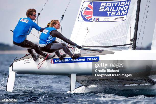 Ben Saxton and Steph Orton from the British Sailing Team sail their Nacra 17 during the ISAF Sailing World Cup Hyeres on April 25, 2017 in Hyeres,...