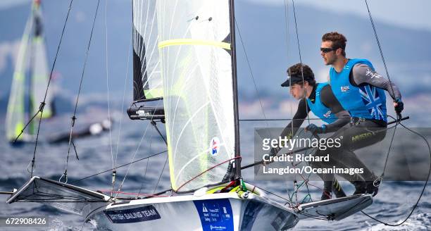 James Peters and Finn Sterritt from the British Sailing Team sail their 49er during the ISAF Sailing World Cup Hyeres on April 25, 2017 in Hyeres,...