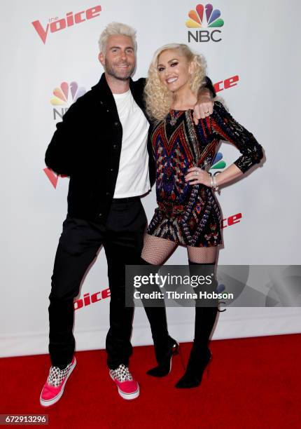 Adam Levine and Gwen Stefani attend NBC's 'The Voice' Season 12' live top 12 performances event at Universal Studios Hollywood on April 24, 2017 in...