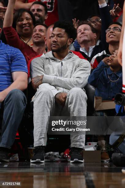 Derrick Rose of the New York Knicks attends Game Four of the Eastern Quarterfinals between the Boston Celtics and the Chicago Bulls of the 2017 NBA...