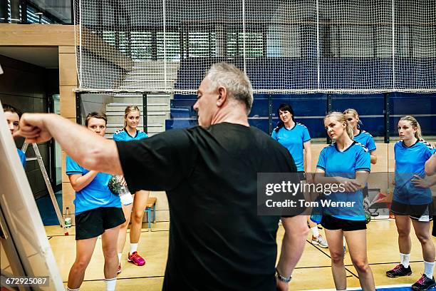 trainer briefing his female handball team - talent team coaching stock-fotos und bilder