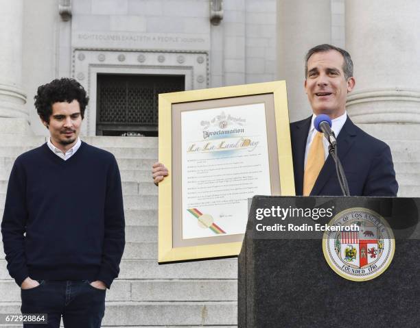Mayor Eric Garcetti proclaims April 25 "La La Land Day" in Los Angeles at Los Angeles City Hall on April 25, 2017 in Los Angeles, California.