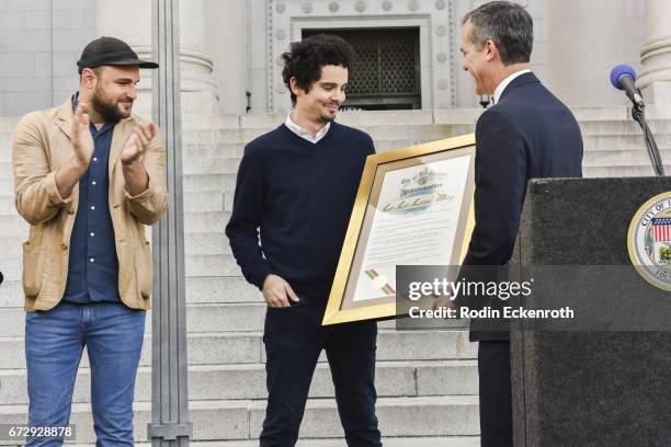 Mayor Eric Garcetti proclaims April 25 "La La Land Day" in Los Angeles at Los Angeles City Hall on April 25, 2017 in Los Angeles, California.