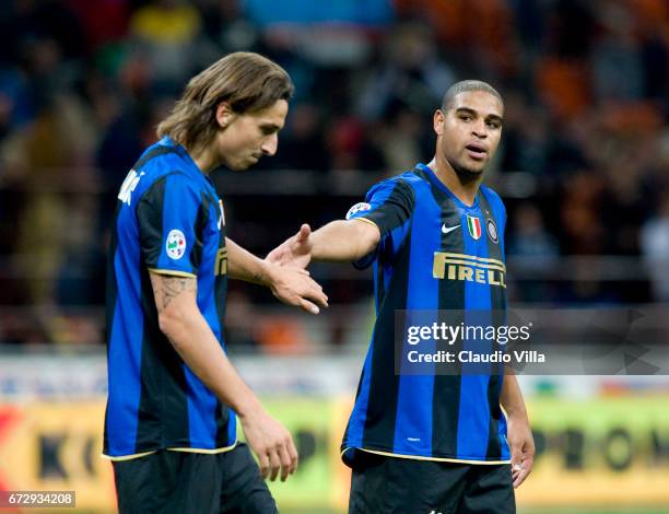 October 2008: Zlatan Ibrahimovic and Adriano react during the "Serie A" 2008-2009 match, round 6th, between Inter Milan and Bologna, at the "Giuseppe...