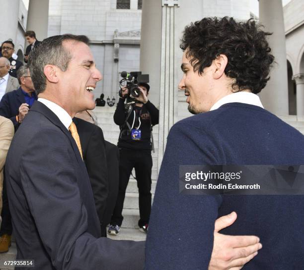 Mayor Eric Garcetti and Director Damien Chazelle at "La La Land Day" in Los Angeles at Los Angeles City Hall on April 25, 2017 in Los Angeles,...