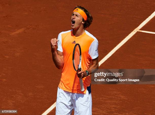 Alexander Zverev of Germany celebrates after winning a point in his match against Nicolas Almagro of Spain during the Day2 of the Barcelona Open Banc...