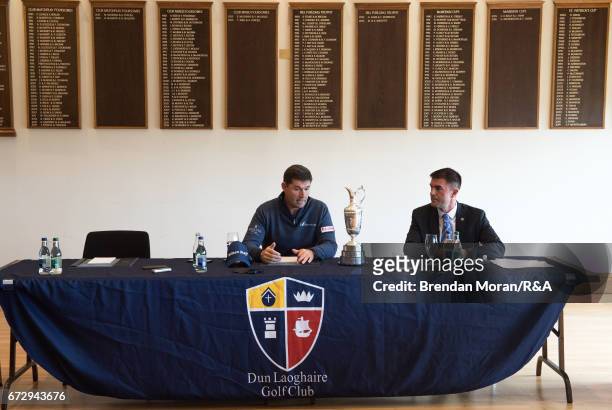 Padraig Harrington of Ireland and Mike Woodcock, head of corporate communications, R&A, at a media day at Dun Laoghaire Golf Club on April 25, 2017...