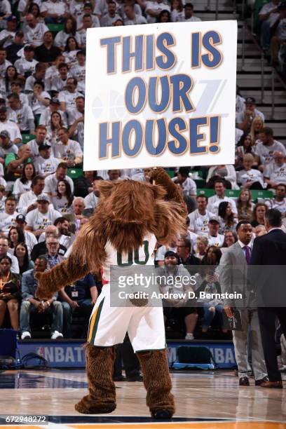 Jazz Bear, mascot of the Utah Jazz, gets the crowd into Game Four of the Western Conference Quarterfinals against the LA Clippers during the 2017 NBA...