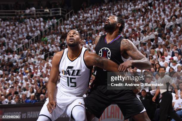Derrick Favors of the Utah Jazz boxes out DeAndre Jordan of the LA Clippers during Game Four of the Western Conference Quarterfinals during the 2017...