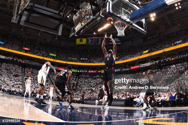 DeAndre Jordan 36 of the LA Clippers grabs a rebound against the Utah Jazz during Game Four of the Western Conference Quarterfinals during the 2017...