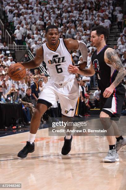 Joe Johnson of the Utah Jazz drives to the basket against the LA Clippers during Game Four of the Western Conference Quarterfinals during the 2017...