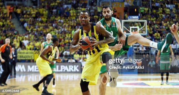 James Nunnally, #21 of Fenerbahce Istanbul competes with Ioannis Bourousis, #29 of Panathinaikos Superfoods Athens during the 2016/2017 Turkish...