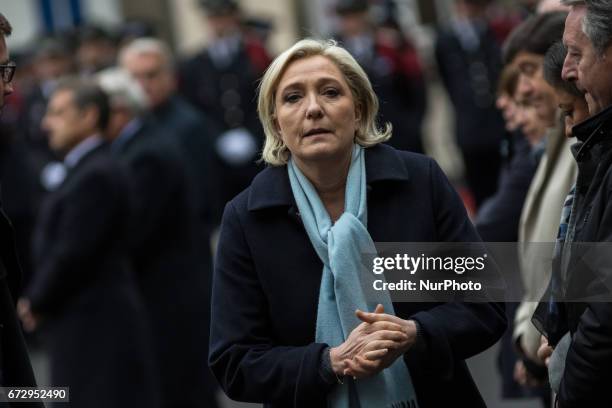 French Presidential Election candidate Marine Le Pen attends the National tribute to fallen French Policeman Xavier Jugele on April 25, 2017 in...