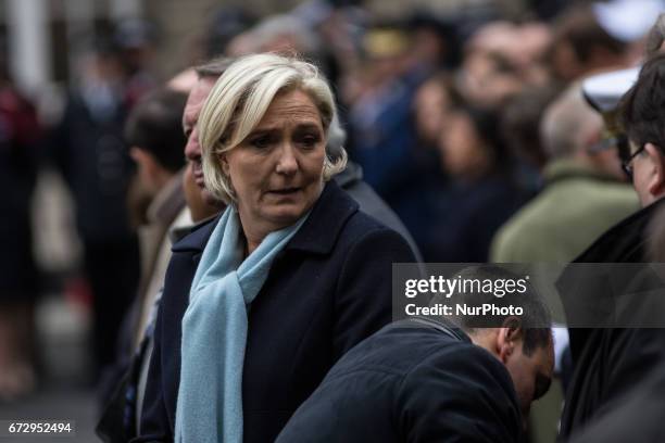 French Presidential Election candidate Marine Le Pen attends the National tribute to fallen French Policeman Xavier Jugele on April 25, 2017 in...