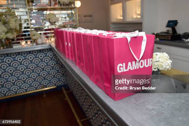 Glamour gift bags on display at the Glamour and L'Oreal Paris 2017 College Women of the Year Celebration at La Sirena on April 25, 2017 in New York...