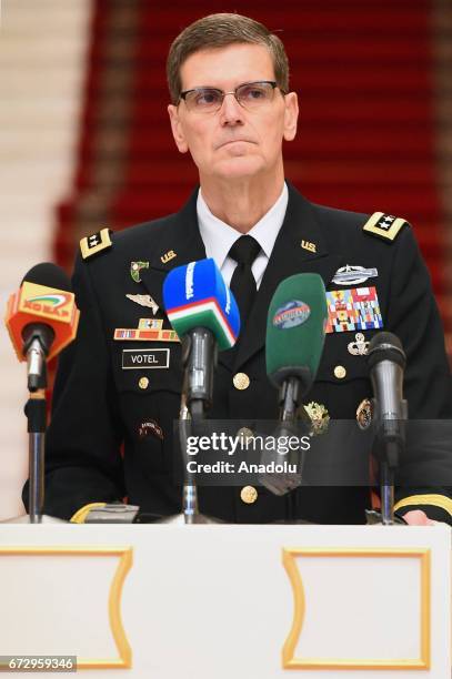 General Joseph Votel, Commander of U.S. Central Command and President of Tajikistan, Emomali Rahmon hold a press conference after their meeting in...