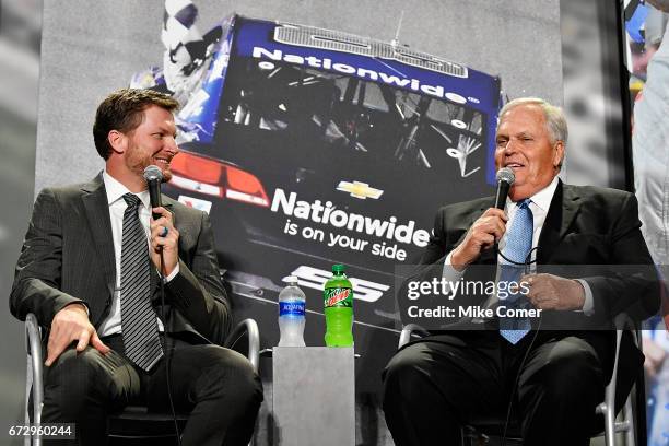 Rick Hendrick and Dale Earnhardt Jr. Answer questions from the media during a press conference to announce his retirement from NASCAR after the 2017...