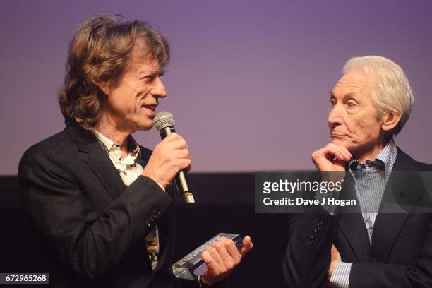 Mick Jagger and Charlie Watts of The Rolling Stones accept the award for Album Of The Year: Public Vote for their album 'Blue & Lonesome' at the Jazz...