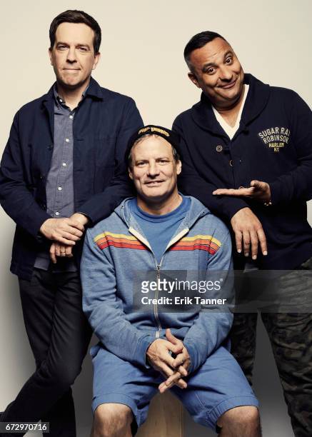 Ed Helms, Dito Montiel, and Russell Peters from 'The Clapper' pose at the 2017 Tribeca Film Festival portrait studio on April 23, 2017 in New York...